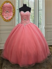 Rose Pink Full Silver Beadwork Basque Quinceanera Gown Dress Clearance Price