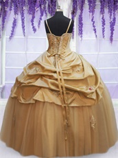 Spaghetti Straps Gold Satin and Tulle Fluffy Quinceanera Ball Gown Pick Up