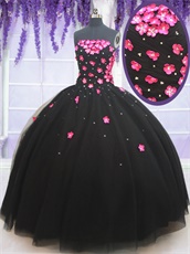 Affordable Black Puffy Military Ball Gown With Hot Pink 3D Flowers Small and Large