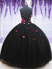 Affordable Black Puffy Military Ball Gown With Hot Pink 3D Flowers Small and Large