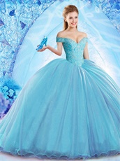 Off Shoulder Fluffy Flat Ice Blue Quinceanera Ball Gown With 20in Train