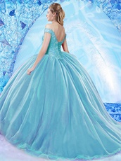 Off Shoulder Fluffy Flat Ice Blue Quinceanera Ball Gown With 20in Train
