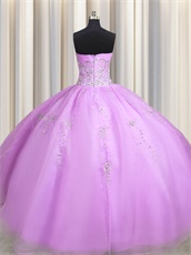 Girl's First Fluffy Quinceanera Ball Gown Lilac Organza With Silver Embroidery