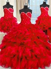 Detachable Four Parts Quinceanera Dress Red Full Thick Organza Ruffles Puffy