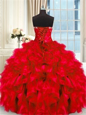 Detachable Four Parts Quinceanera Dress Red Full Thick Organza Ruffles Puffy