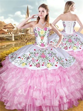 Western Hotel California Style Embroidery White Ball Gown Pink Layers Cake Skirt