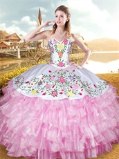 Western Hotel California Style Embroidery White Ball Gown Pink Layers Cake Skirt