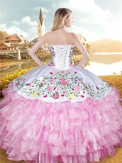 Western Hotel California Style Embroidery White Ball Gown Pink Layers Cake Skirt