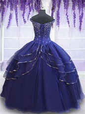 Dark Royal Blue Off Shoulder Quinceanera Gown Slit Open Flat Organza Skirt
