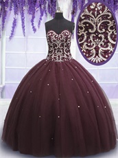 Burgundy Flat Multilayer Tulle Round Cake Quinceanera Gown With Slip