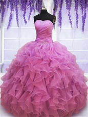 Dust Rose Pink Circular Thick Organza Ruffles 15th Birthday Party Gown