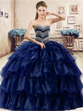 Navy Organza and Tulle Mixed Layers Cake Gown For Quinceaneara Ceremony Party