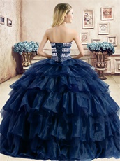 Navy Organza and Tulle Mixed Layers Cake Gown For Quinceaneara Ceremony Party