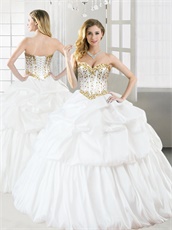 White Layers Bubble Taffeta Quinceanera Ball Gown With Golden Beading