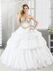 White Layers Bubble Taffeta Quinceanera Ball Gown With Golden Beading