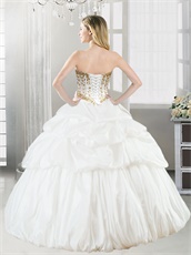 White Layers Bubble Taffeta Quinceanera Ball Gown With Golden Beading