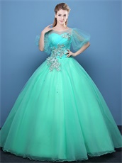 Mint Green See-Through Tulle Scoop Neck and Bubble Sleeves Court Ball Gowns