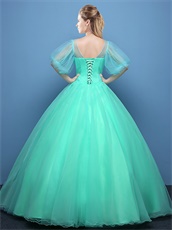 Mint Green See-Through Tulle Scoop Neck and Bubble Sleeves Court Ball Gowns