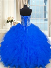 Full Silver Beading Bodice Royal Blue Quinceanera Gown Puffy Ruffles