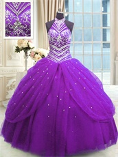 Halter Bright Purple Puffy Flat Tulle Ball Gown For Sweet 16 Ceremony
