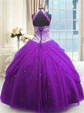 Halter Bright Purple Puffy Flat Tulle Ball Gown For Sweet 16 Ceremony