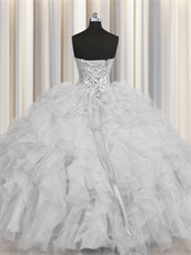 Attractive Silver Organza Ruffles Quinceanera Ball Gown With Underskirt