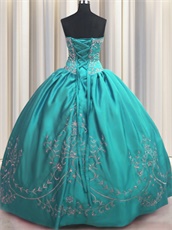 Turquoise Satin Flat Quinceanera and Her Court Dress With Silver Embroidery