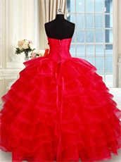 Floor Length Red Multilayers Organza Cake Quinceanera Girl Ball Gown Factory