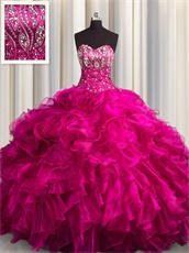 Thick Ruffles Fuchsia Court Train Quinceanera Ball Gown Boutiques Near Me