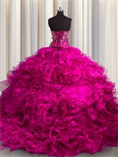 Thick Ruffles Fuchsia Court Train Quinceanera Ball Gown Boutiques Near Me