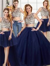 Three Pieces Floor-Length Navy Blue Ball Gown With Detachable Short Skirt