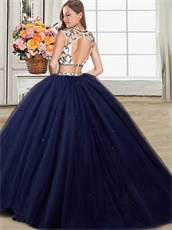 Three Pieces Floor-Length Navy Blue Ball Gown With Detachable Short Skirt