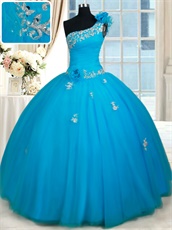 Designer Recommend One Shoulder Sky Blue Tulle Quinceaneara Ball Gown Under 200