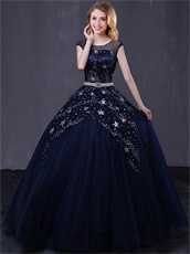 Glaring Navy Blue Scoop Stage Performance Prom Ball Gown Night Sky Stars Inspiration