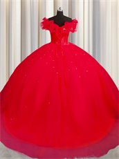 Off Shoulder Scarlet Flat Layers Military Ball Gown Tulle Inside Make Puffy