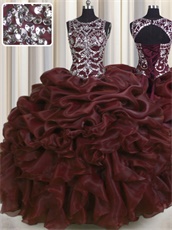 Deepest Burgundy Organza Pretty Puffy Quinceanera Ball Gown Silver Beading