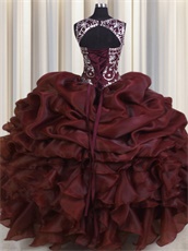 Deepest Burgundy Organza Pretty Puffy Quinceanera Ball Gown Silver Beading