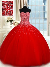 Floor Length Scarlet Concert Proscenium Ball Gown Fully Twinkling Silver Beadwork