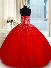 Floor Length Scarlet Concert Proscenium Ball Gown Fully Twinkling Silver Beadwork