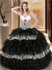 Zebra and Black Organza Successive Cake Layers Quinceanera Ball Gown