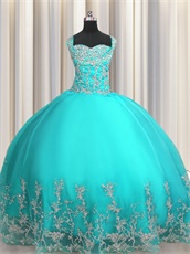 Double Wide Straps Cross Back Turquoise Sweet 15 Ball Gown With Silver Embroidery