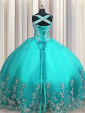 Double Wide Straps Cross Back Turquoise Sweet 15 Ball Gown With Silver Embroidery