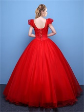 Pretty Scarlet Flat Tulle Stage Puffy Ball Gown With Bubble Cap Sleeve