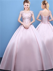 Light Pink Satin Puffy Flat Dancing Party Ball Gown With 3D Flowers Top Part