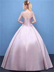 Light Pink Satin Puffy Flat Dancing Party Ball Gown With 3D Flowers Top Part