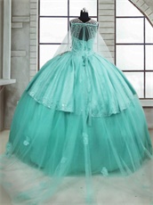 Mint Green Floor Length Quinceanera Party Ball Gown With Detachable Cloak