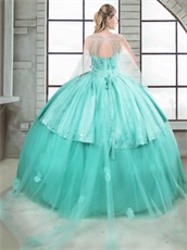 Mint Green Floor Length Quinceanera Party Ball Gown With Detachable Cloak
