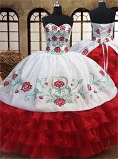 Western Embroidery White Quinceanera Court Gown With Red Layers Ruffles Skirt