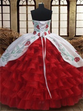 Western Embroidery White Quinceanera Court Gown With Red Layers Ruffles Skirt