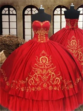 Latin America 15th Vestidos De Quinceanera Red Ball Gown With Gold Embroidery
